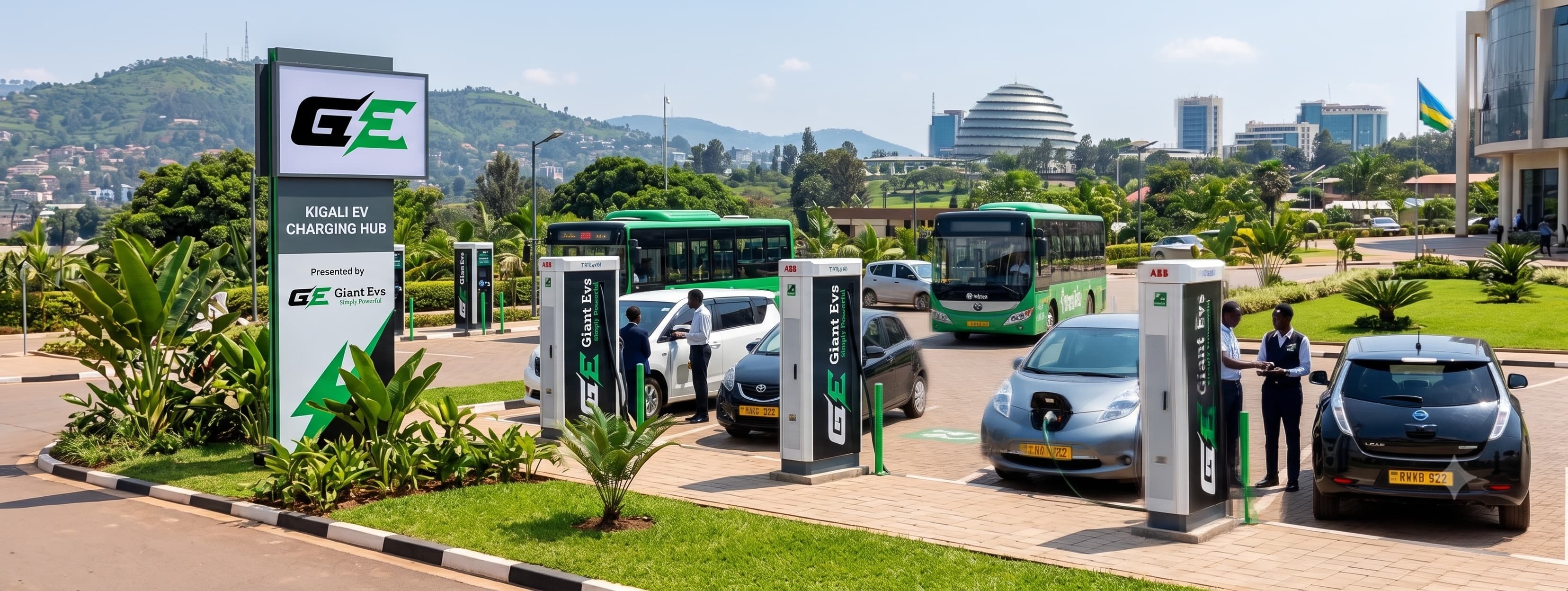 The Kigali EV Charging Hub, with buses and cars charging at Giant Evs stations