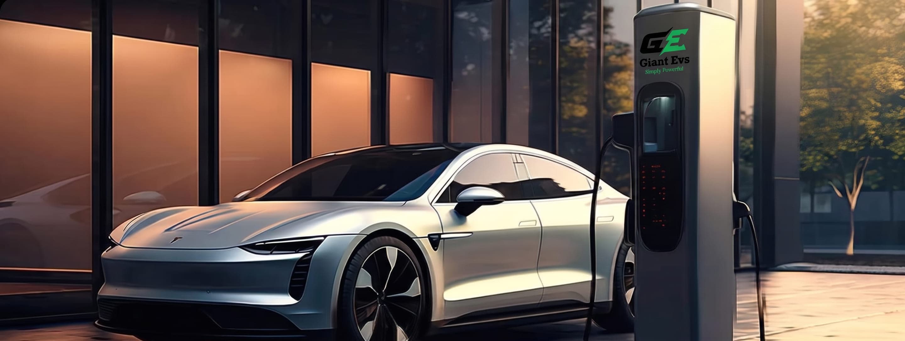 An electric car charging from a Giant Evs pillar outside a glass-fronted building at dusk